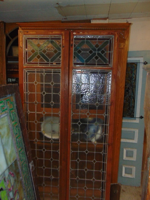 Antique Stained Glass Doors Cabinet 