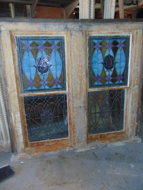 Antique Stained Glass Double Hung Window in Frame