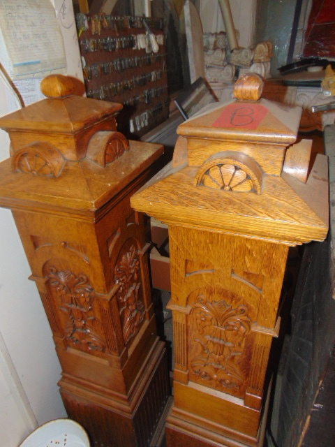 Antique Quartered Oak Newel Post Pair