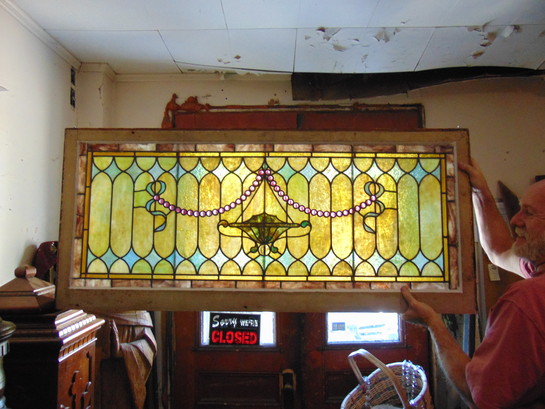 Massive Antique Stained Glass Arched Window