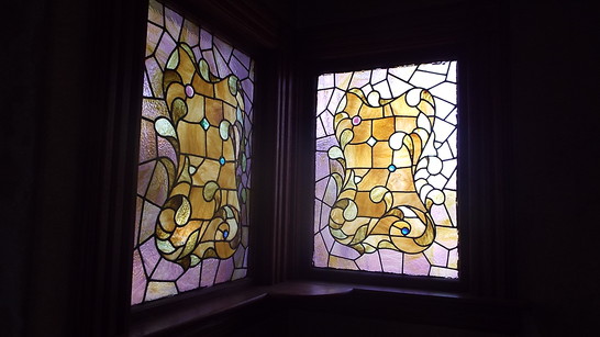 Antique Stained Glass Window Pair Violet Purple Yellow