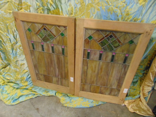 Matching Pair Antique Stained Glass Floral